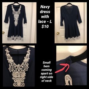 ⭐️3 for $20 bundle⭐️ Navy w/ white lace dress - L